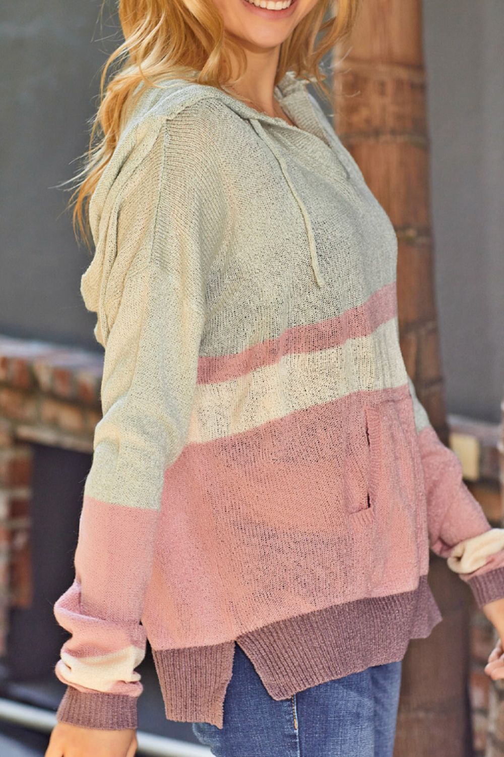 Color Block Long Sleeve Drawstring Hooded Sweater - Charming Charlie