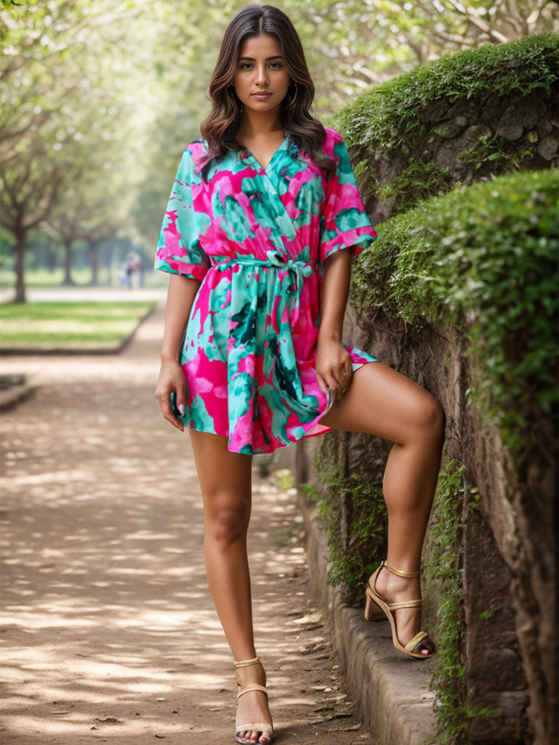 Printed Surplice Half Sleeve Romper - Charming Charlie