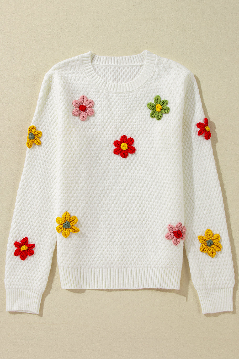 Crochet Flower Round Neck Long Sleeve Sweater - Charming Charlie
