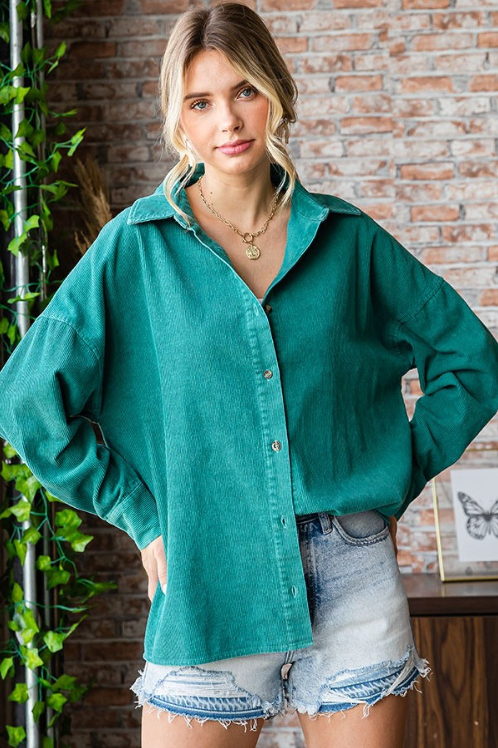 First Love Washed Corduroy Button Down Long Sleeve Shirt - Charming Charlie