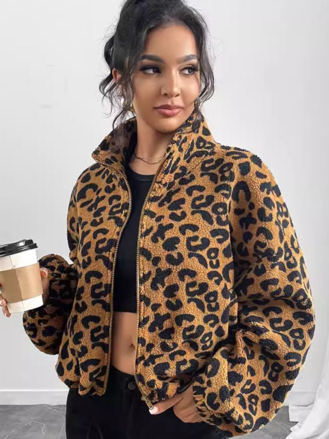 Leopard Zip Up Long Sleeve Jacket - Charming Charlie