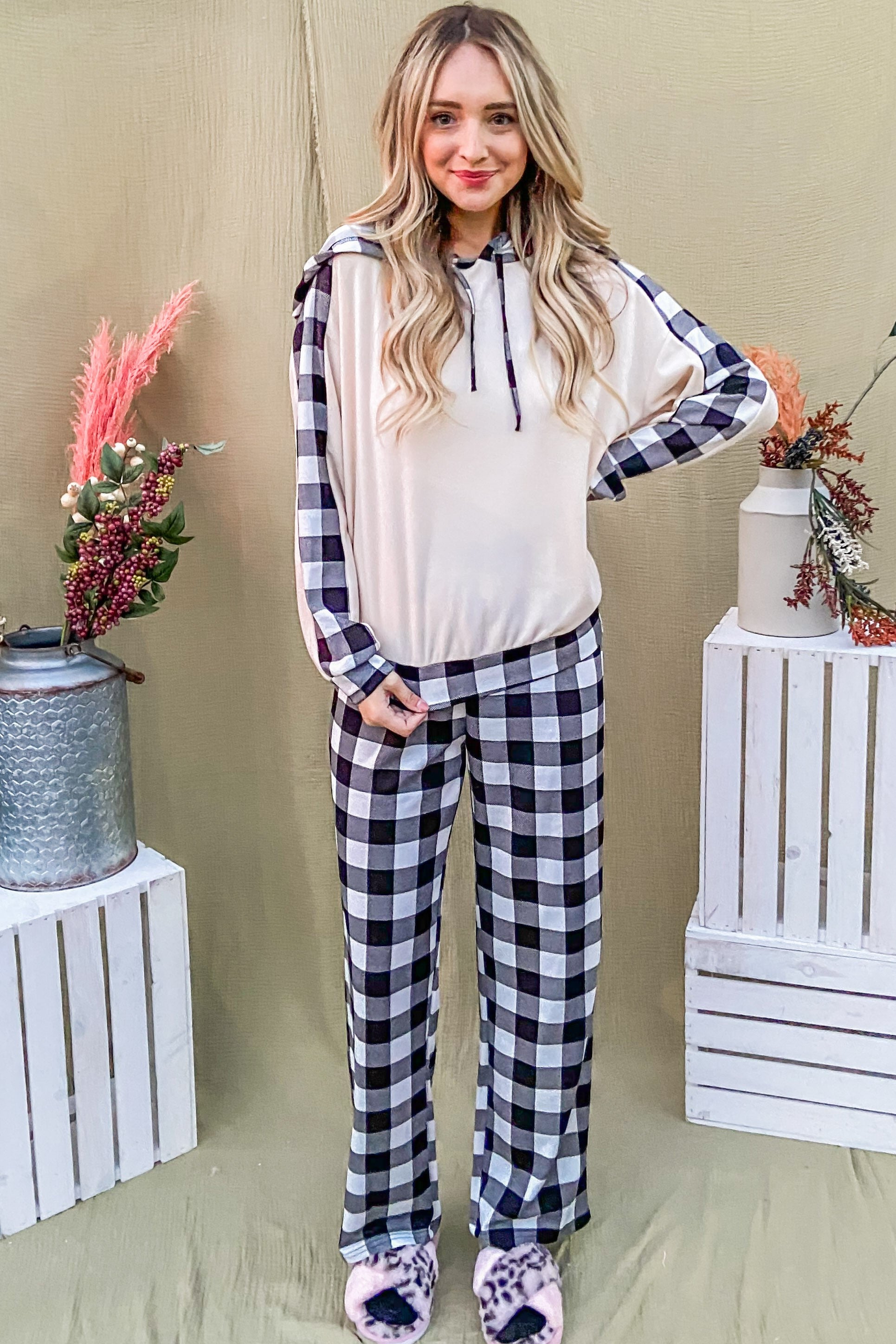 And The Why Drawstring Hooded Top and Plaid Pants Lounge Set - Charming Charlie