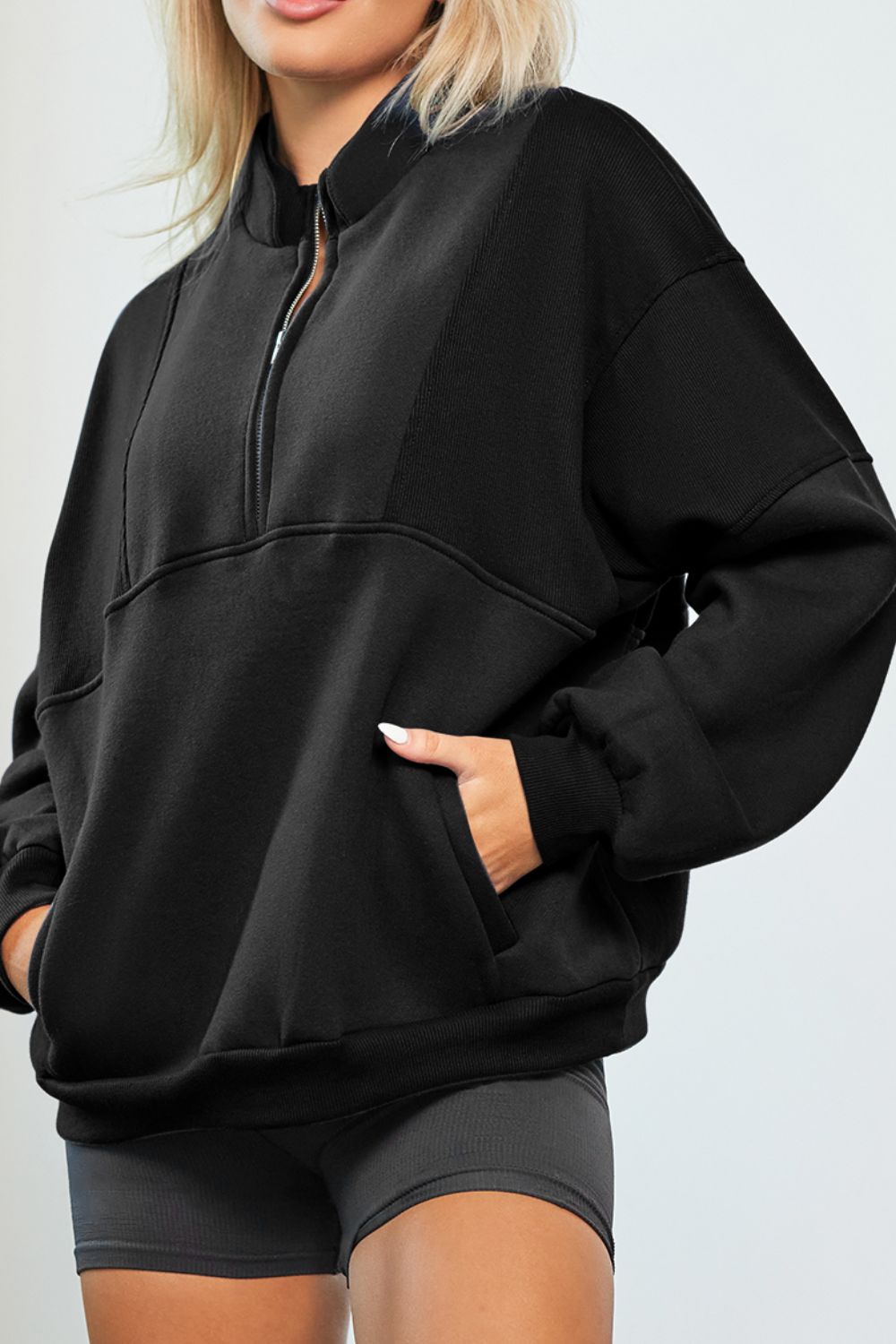 Half Zip Drop Shoulder Long Sleeve Sweatshirt - Charming Charlie