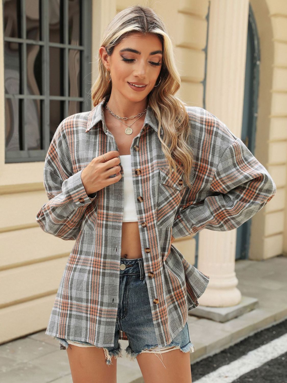 Pocketed Plaid Collared Neck Long Sleeve Shirt - Charming Charlie