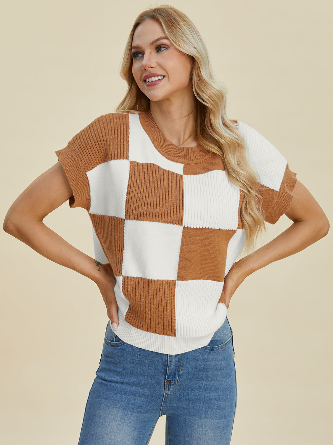 Double Take Full Size Checkered Round Neck Short Sleeve Sweater - Charming Charlie