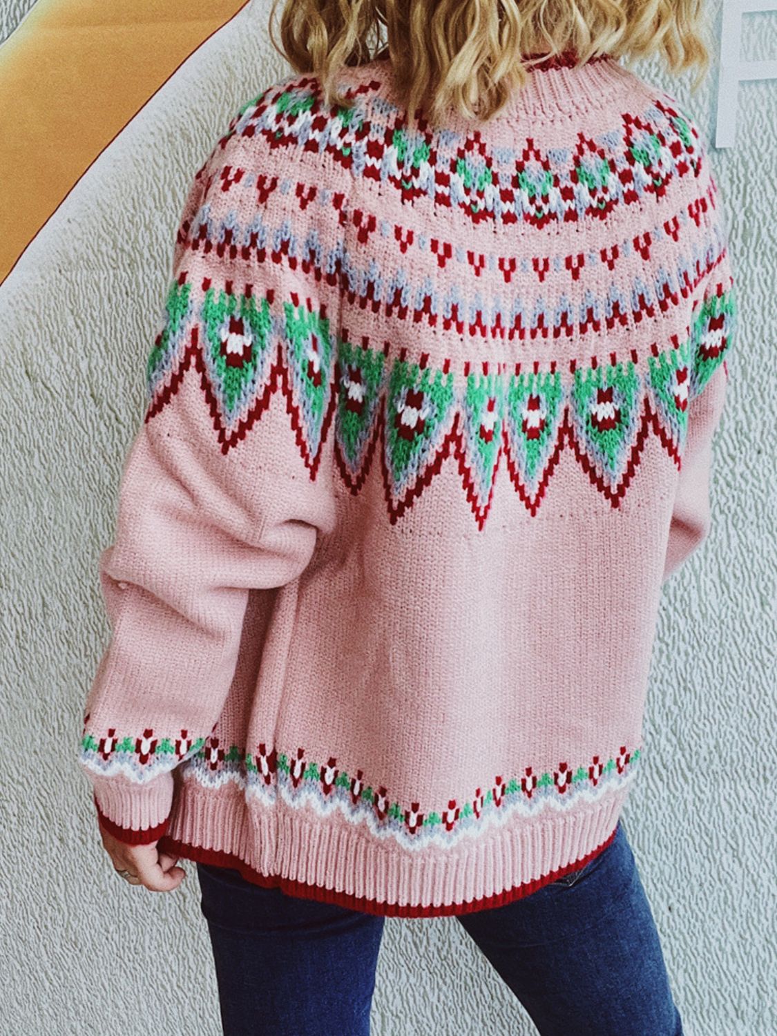 Contrast Geometric Round Neck Long Sleeve Cardigan - Charming Charlie