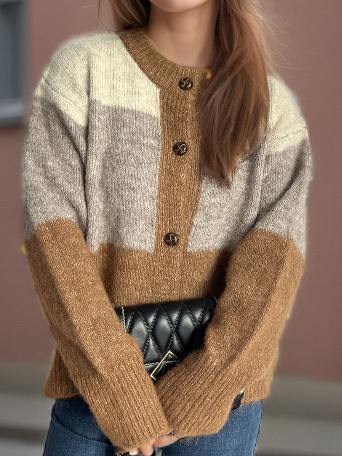 Color Block Round Neck Button Up Cardigan - Charming Charlie