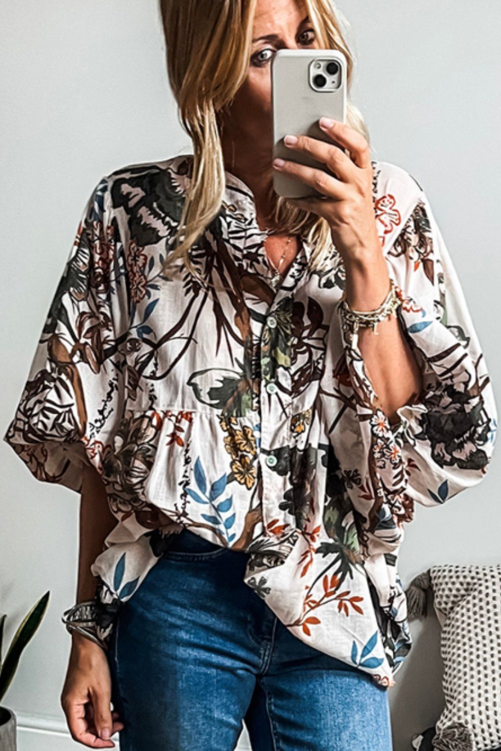 Printed Notched Flounce Sleeve Blouse - Charming Charlie