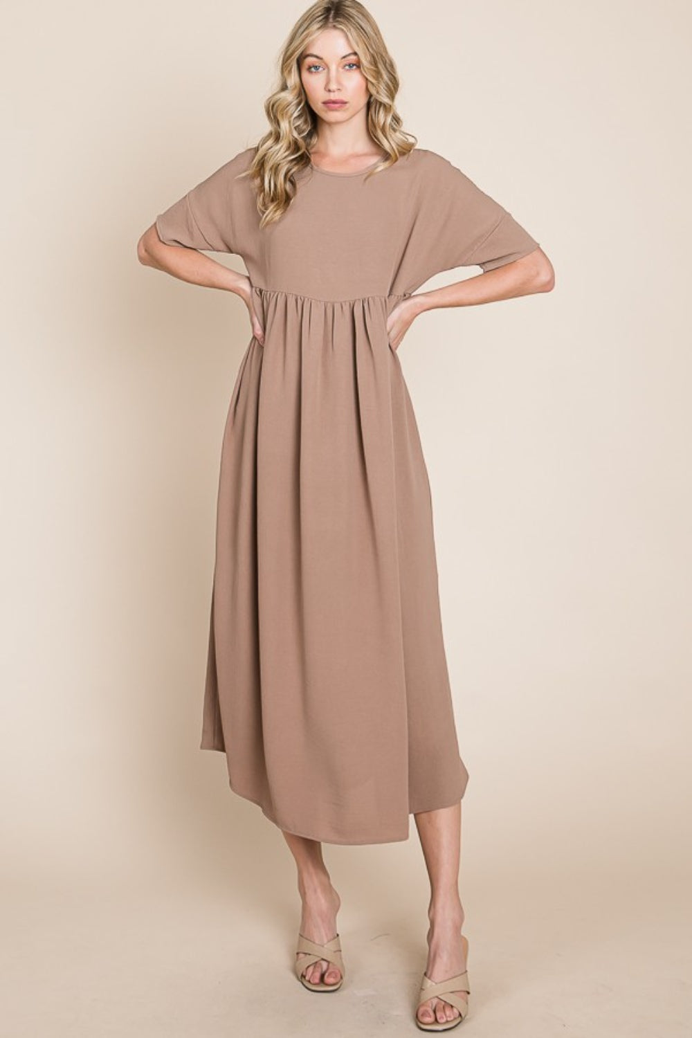 BOMBOM Round Neck Ruched Midi Dress - Charming Charlie