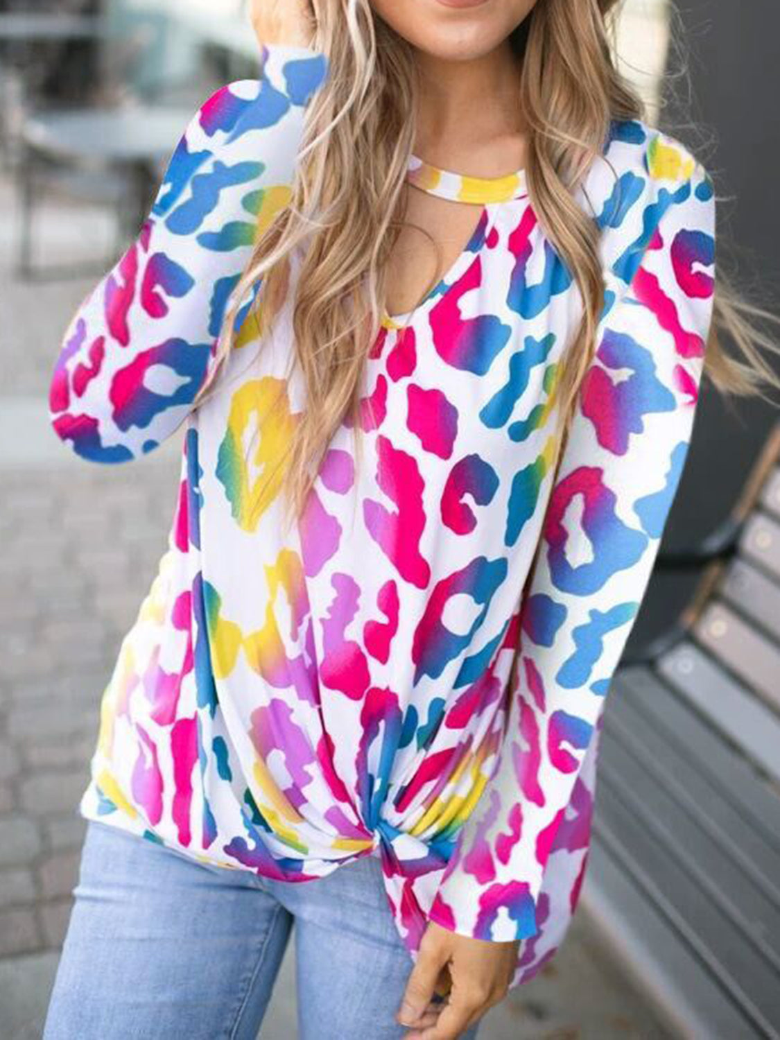 Cutout Round Neck Long Sleeve T-Shirt - Charming Charlie