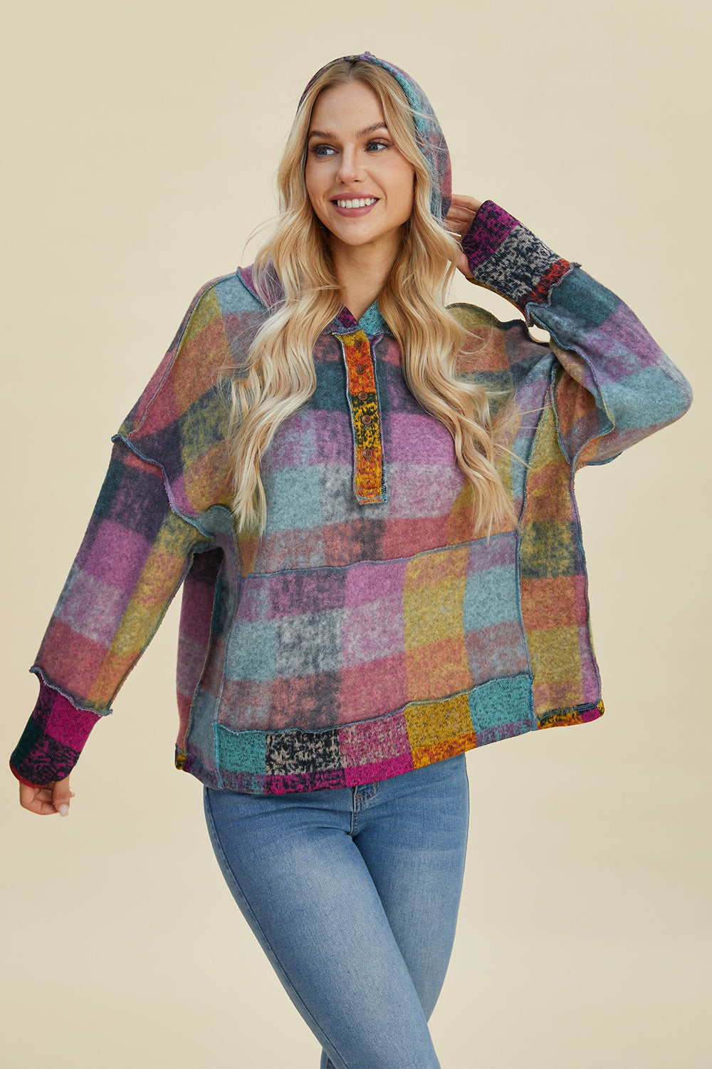 Double Take Full Size Plaid Dropped Shoulder Fleece Hoodie - Charming Charlie
