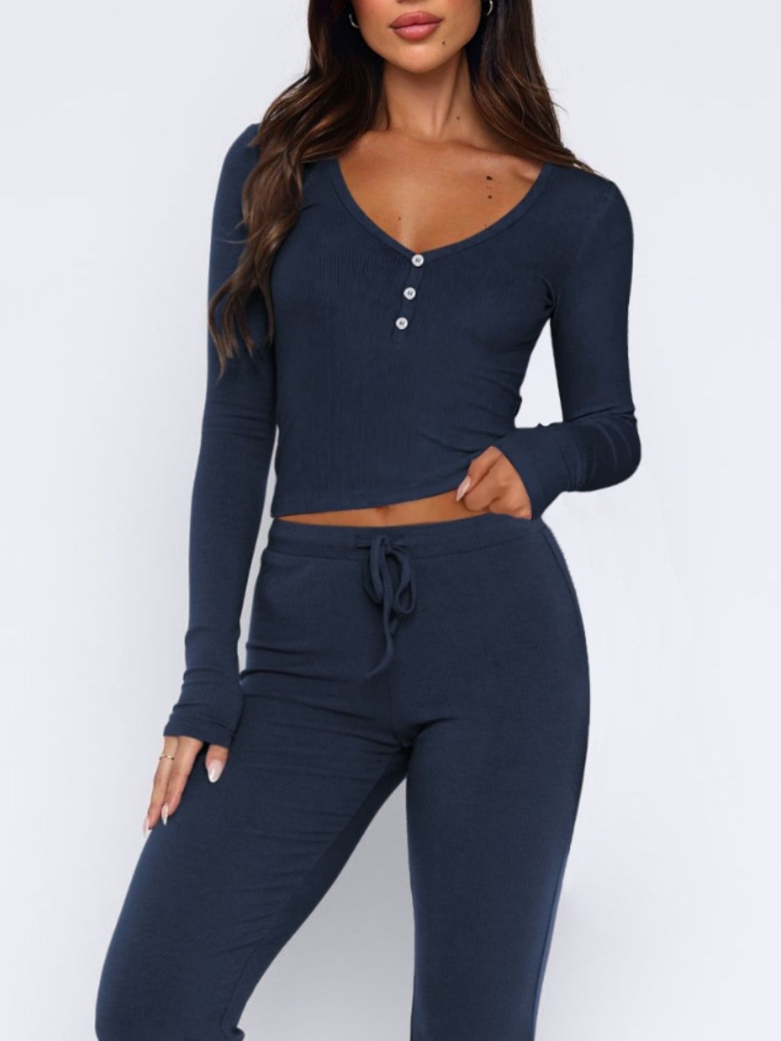 V-Neck Long Sleeve Top and Pants Set - Charming Charlie