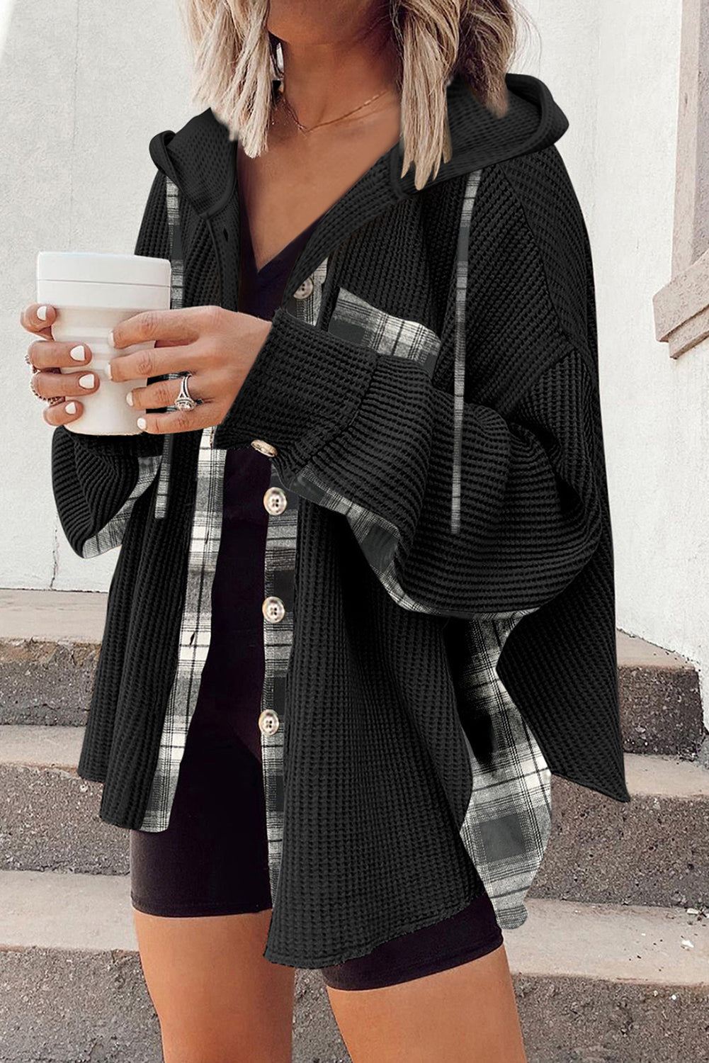 Waffle Knit Plaid Patchwork Drawstring Hooded Shacket - Charming Charlie