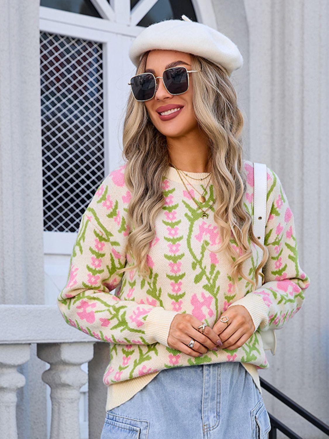 Flower Round Neck Long Sleeve Sweater - Charming Charlie
