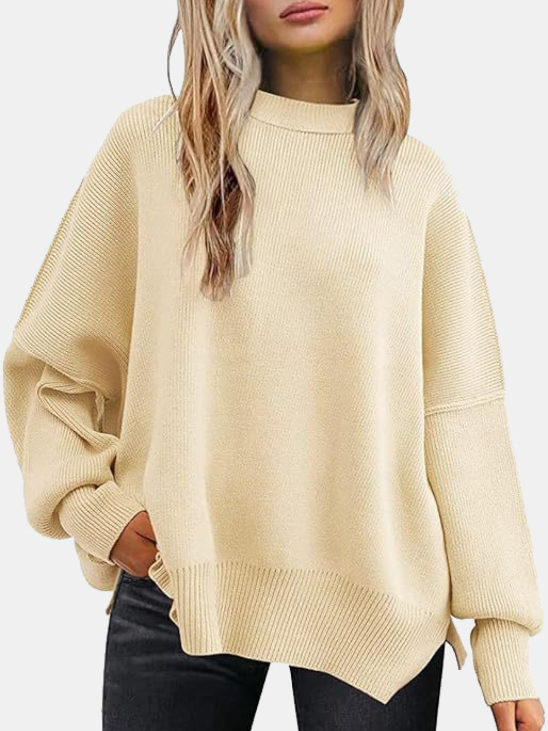 Round Neck Drop Shoulder Slit Sweater - Charming Charlie