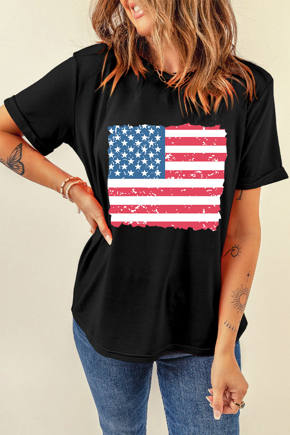 US Flag Round Neck Short Sleeve T-Shirt - Charming Charlie