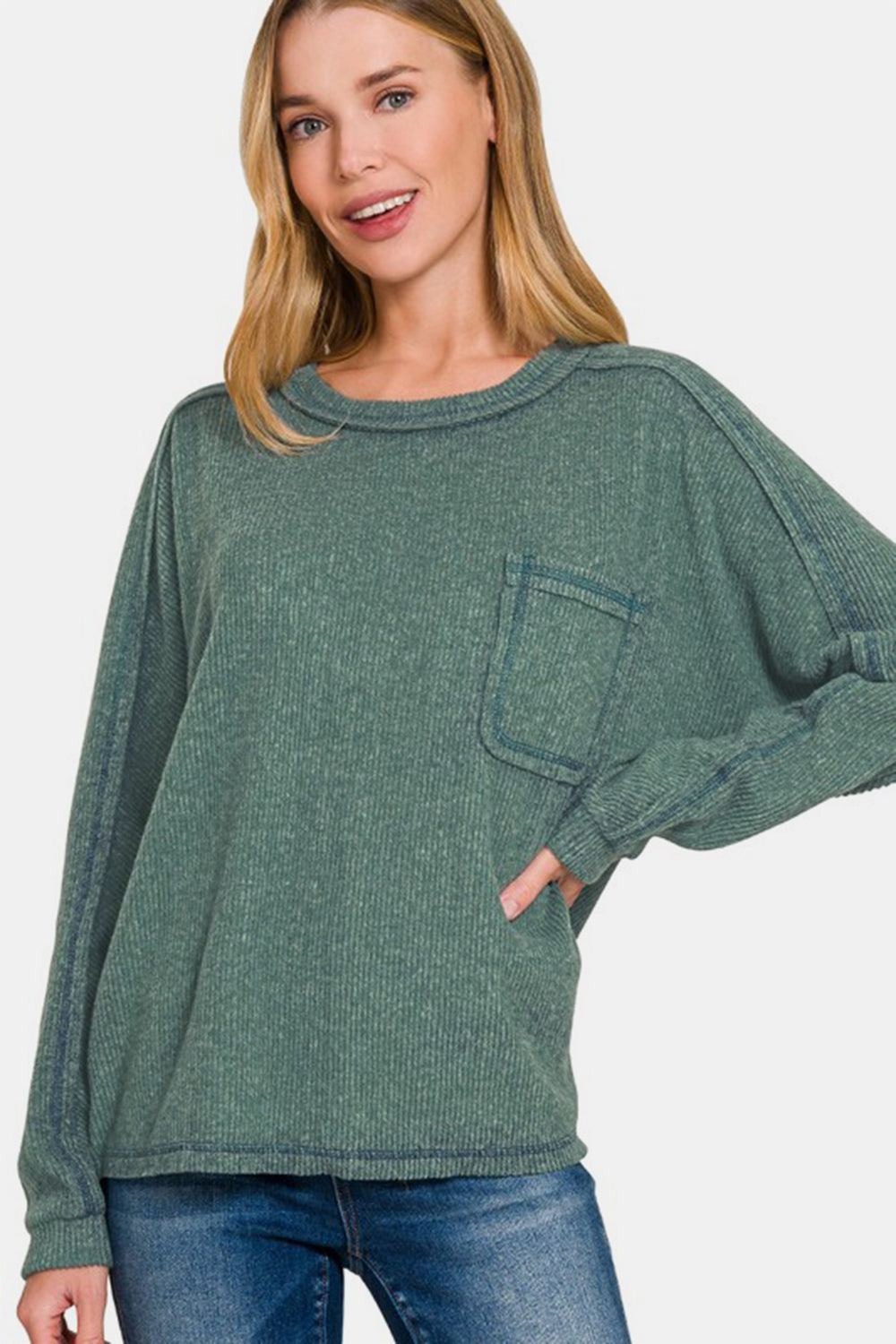 Zenana Full Size Contrast Stitching Brushed Ribbed Hacci Knit Top - Charming Charlie