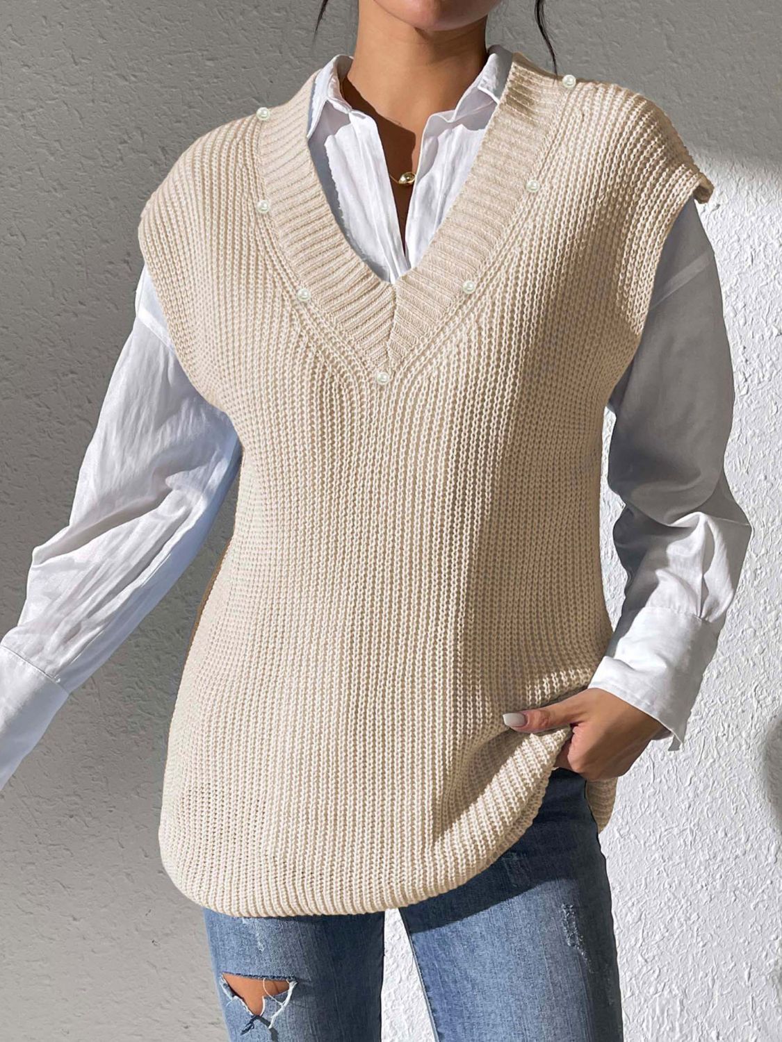 Pearl Trim V-Neck Sweater Vest - Charming Charlie