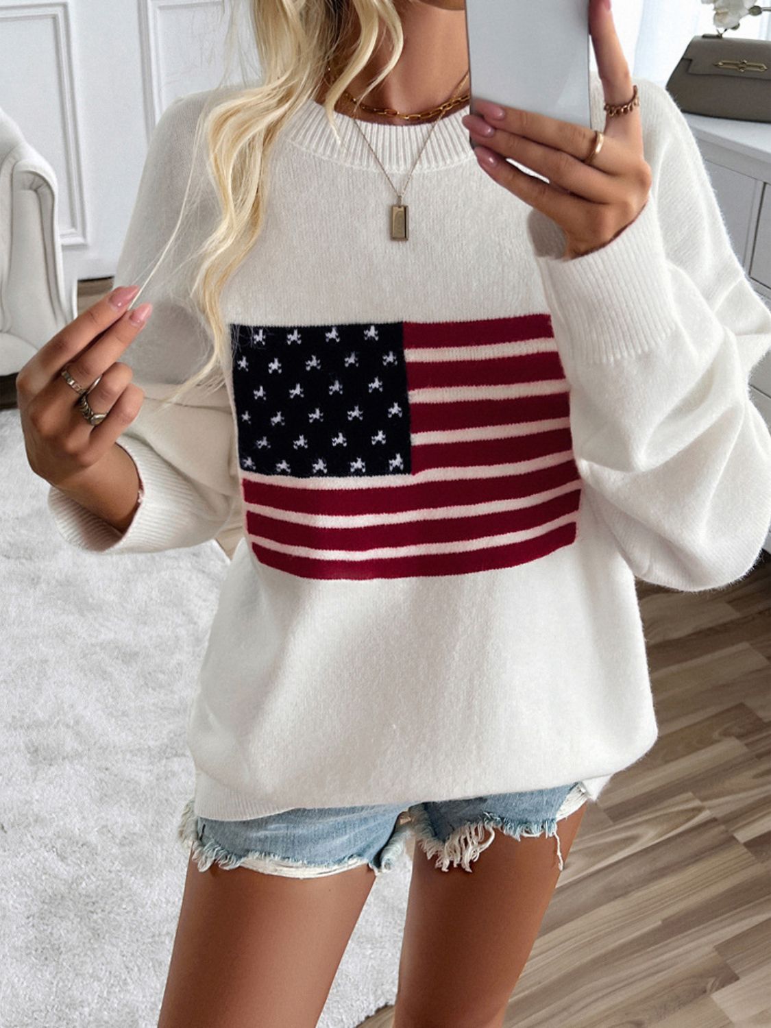 Devine US Flag Round Neck Long Sleeve Knit Top - Charming Charlie