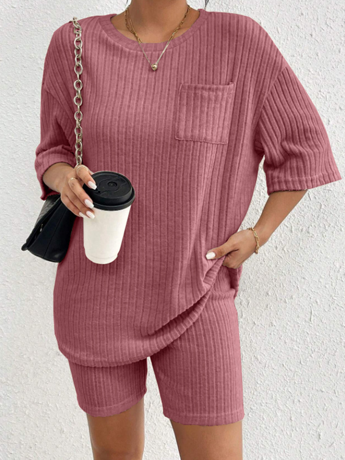 Ribbed Round Neck Top and Shorts Set - Charming Charlie