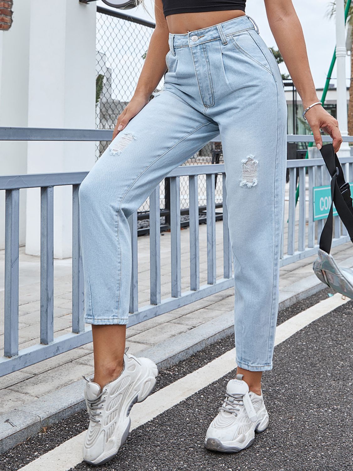 Distressed Straight Jeans with Pockets - Charming Charlie