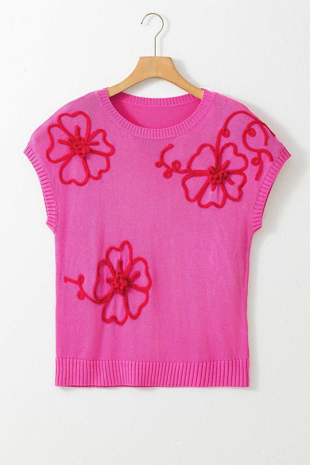 Crochet Flower Round Neck Cap Sleeve Sweater - Charming Charlie