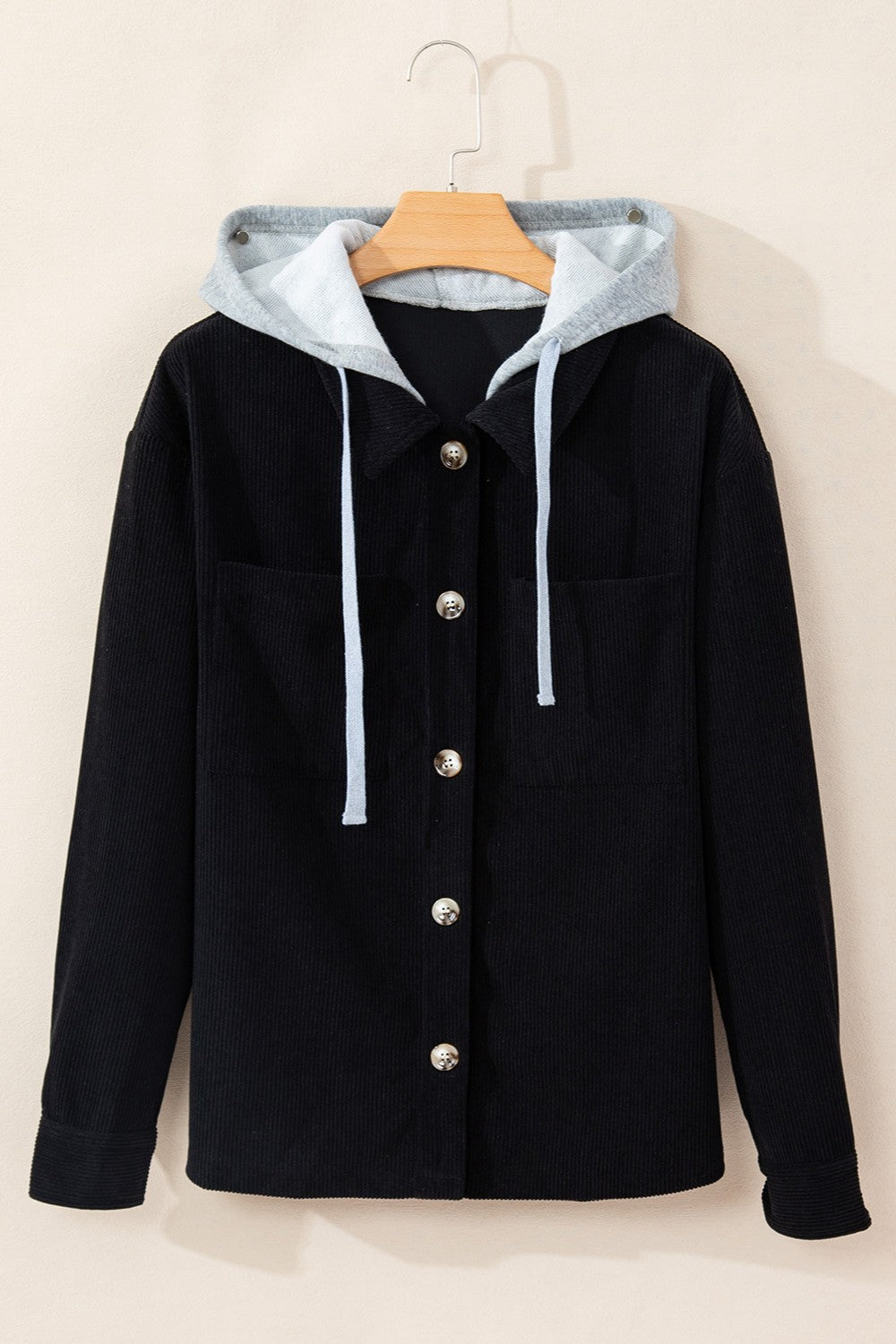 Drawstring Button Up Long Sleeve Hooded Jacket - Charming Charlie