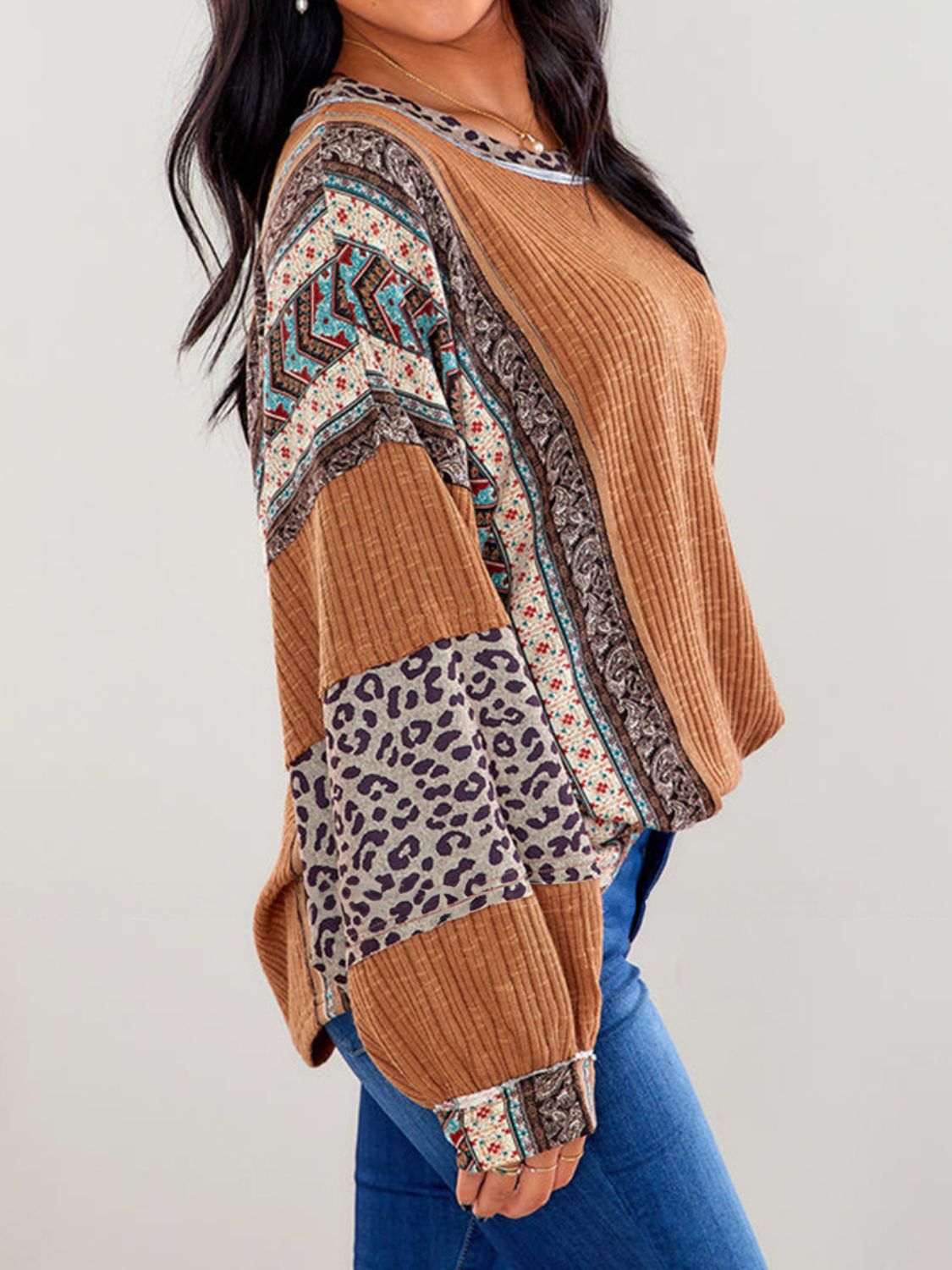 Leopard Round Neck Long Sleeve Sweatshirt - Charming Charlie