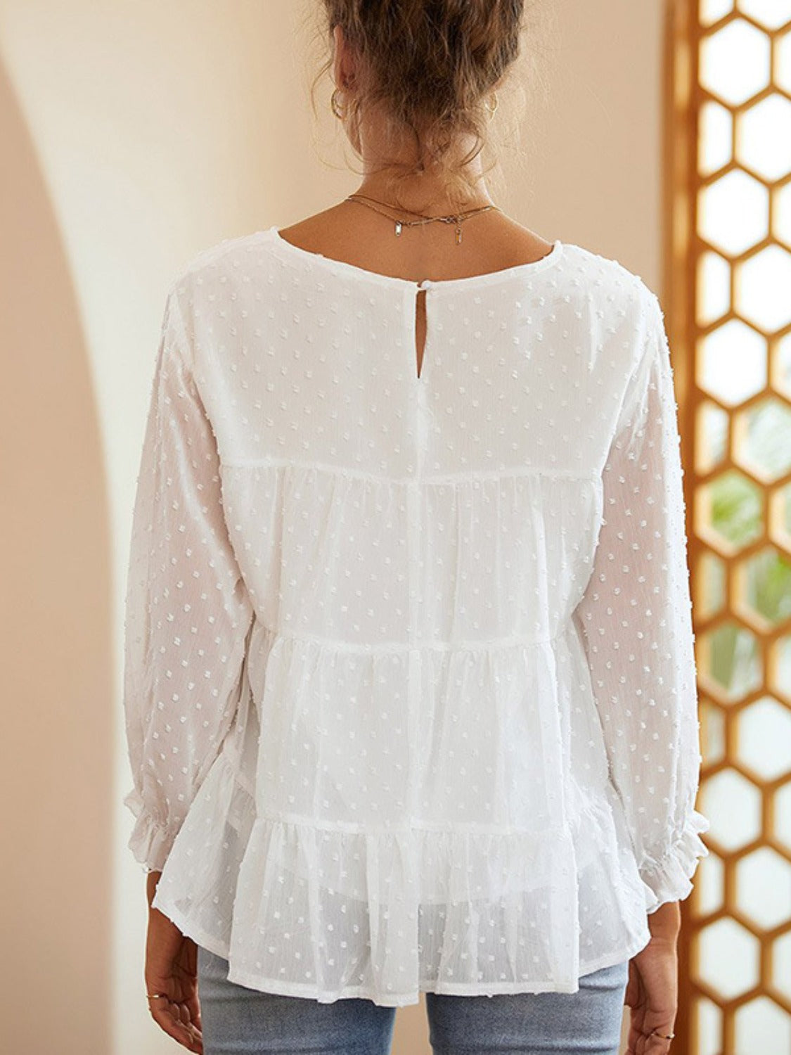 Full Size Swiss Dot Ruffled Round Neck Long Sleeve Blouse - Charming Charlie