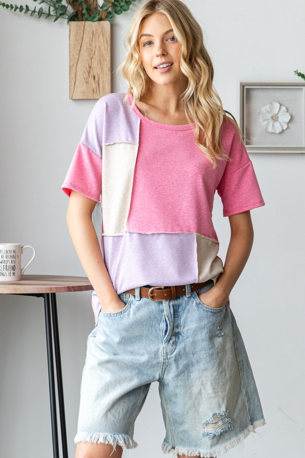 HOPELY Full Size Color Block Exposed Seam T-Shirt - Charming Charlie