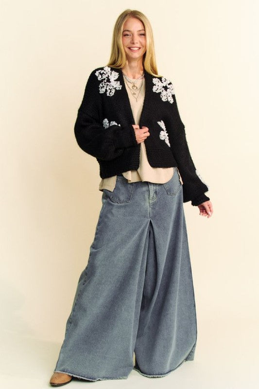 Davi & Dani Floral Applique Open Front Dropped Shoulder Cardigan - Charming Charlie