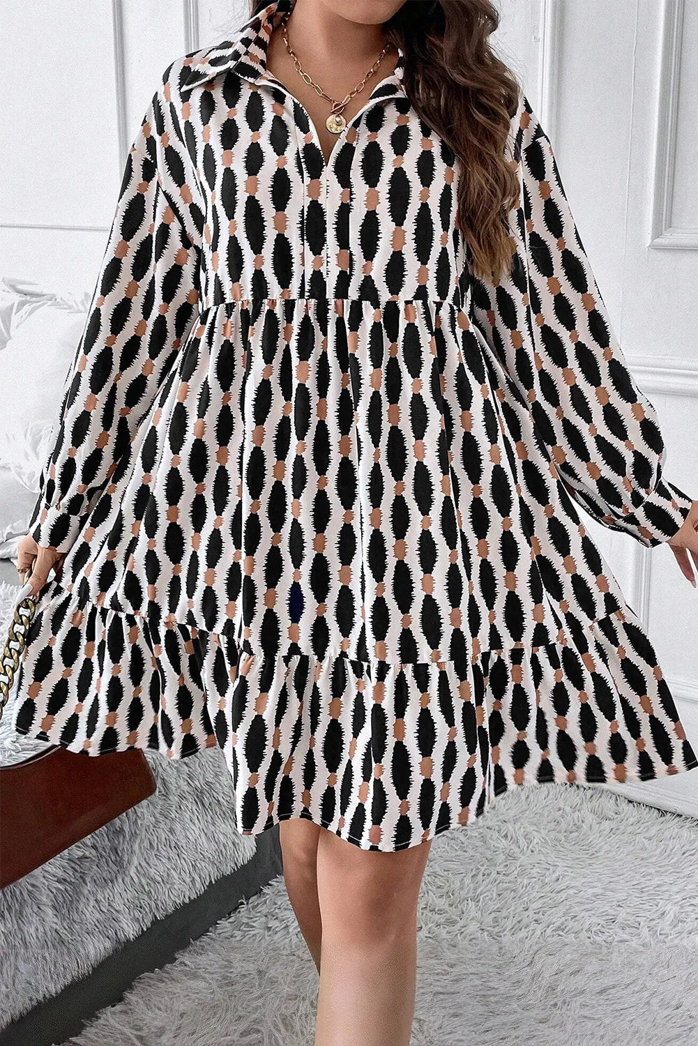 Plus Size Printed Johnny Collar Long Sleeve Dress - Charming Charlie