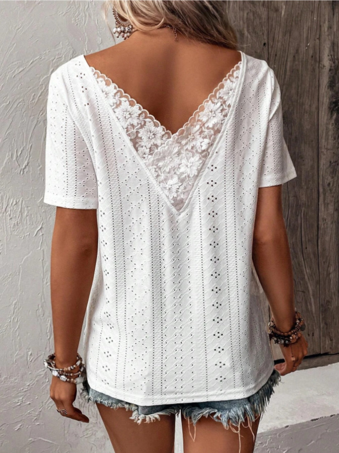 Lace Detail Eyelet Short Sleeve Blouse - Charming Charlie