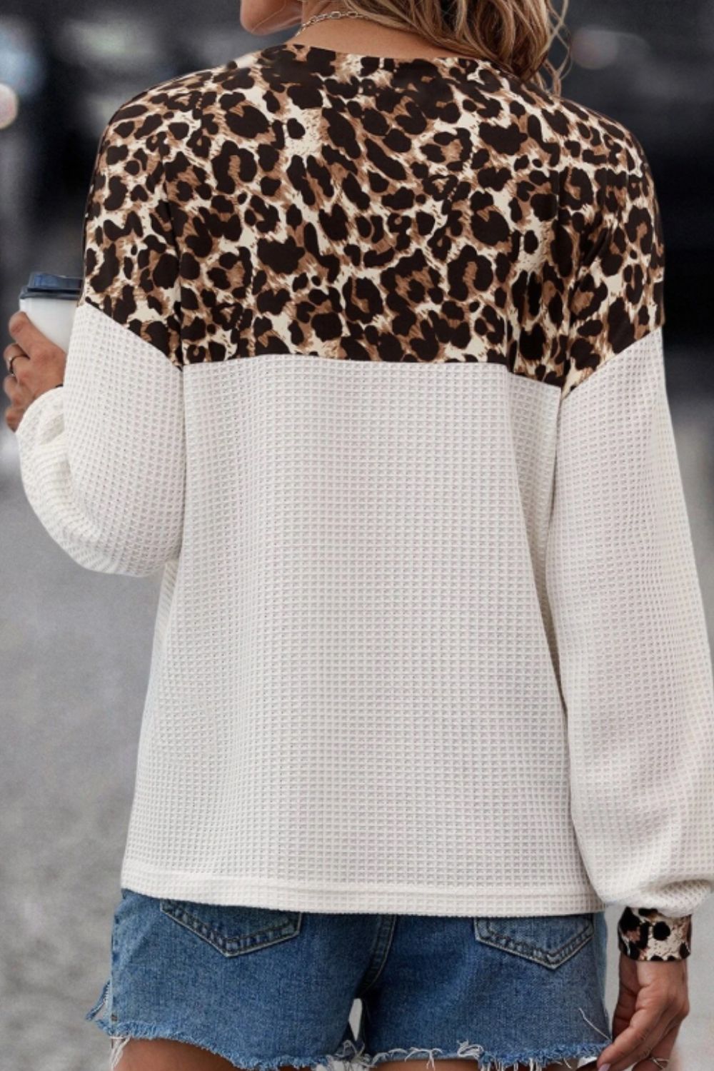 Waffle-Knit Leopard V-Neck Long Sleeve Blouse - Charming Charlie