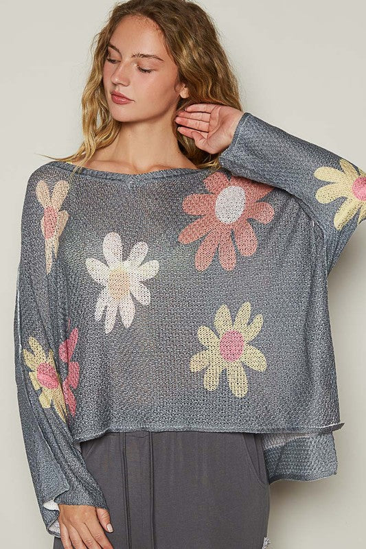 POL Flower Dropped Shoulder Long Sleeve Knit Top - Charming Charlie