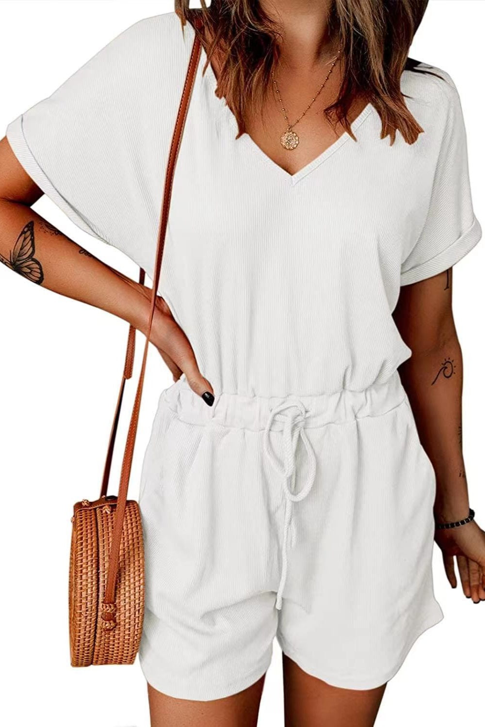 Full Size Drawstring V-Neck Short Sleeve Romper - Charming Charlie