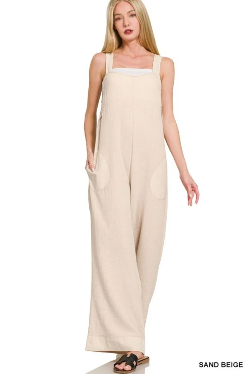 Zenana Double Gauze Washed Wide Leg Overalls – Charming Charlie