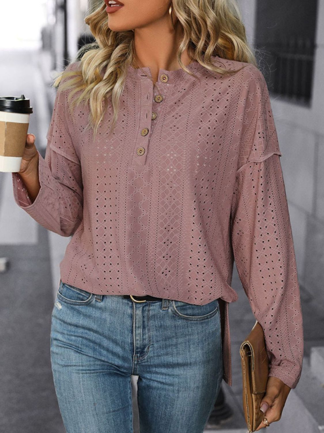 Eyelet Round Neck Long Sleeve Top - Charming Charlie