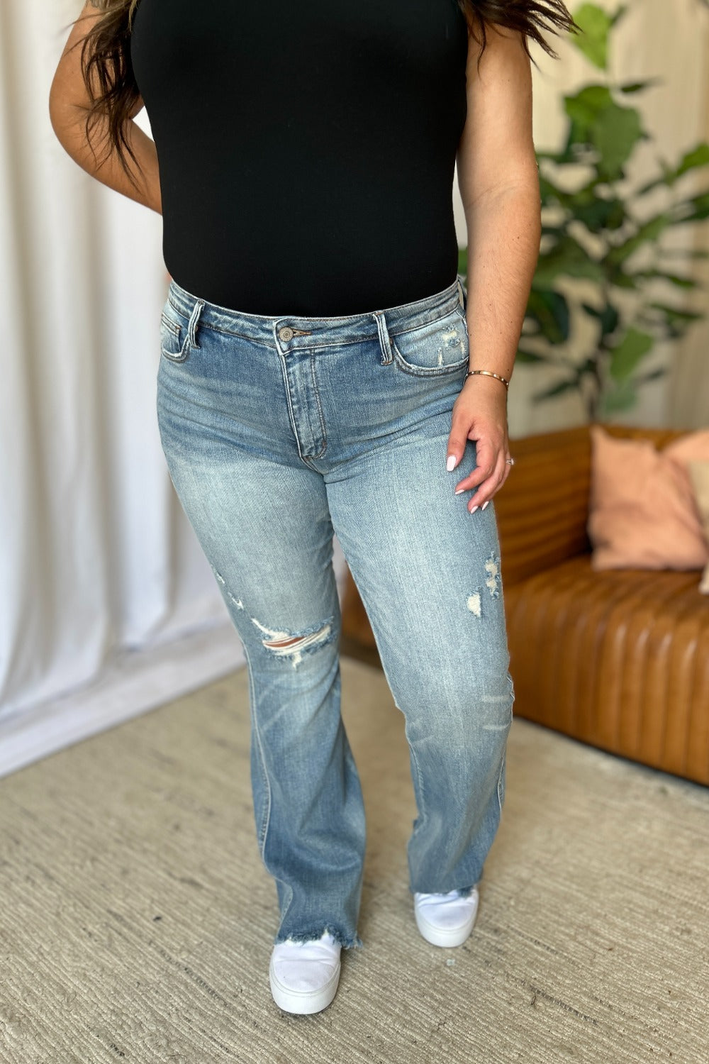 Judy Blue Full Size Medium Rise Tummy Control Destroy Flare - Charming Charlie
