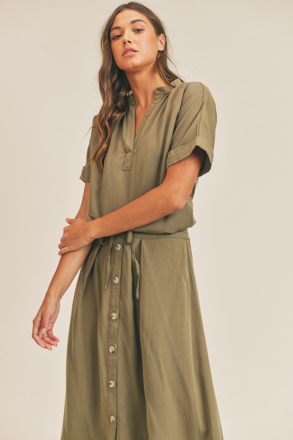 MABLE Short Sleeve Top and Button Down Midi Skirt Set - Charming Charlie