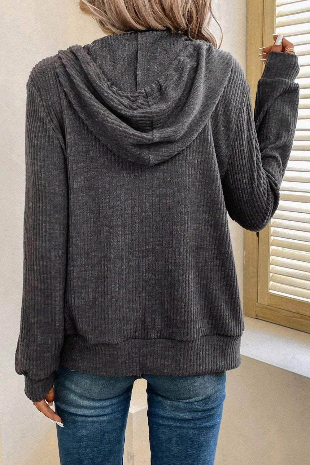 Drawstring Zip Up Long Sleeve Hooded Jacket - Charming Charlie