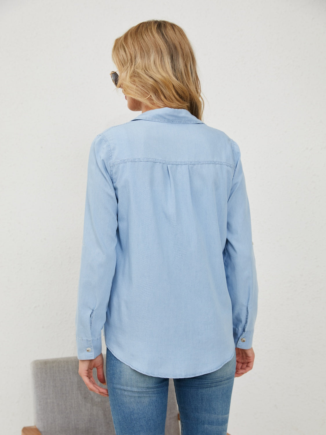 Pocketed Button Up Long Sleeve Denim Shirt - Charming Charlie