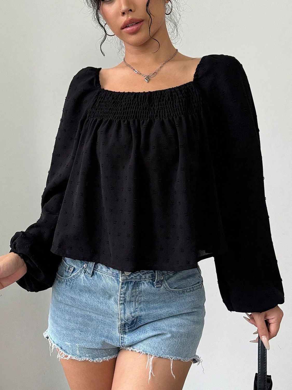 Swiss Dot Square Neck Long Sleeve Blouse - Charming Charlie