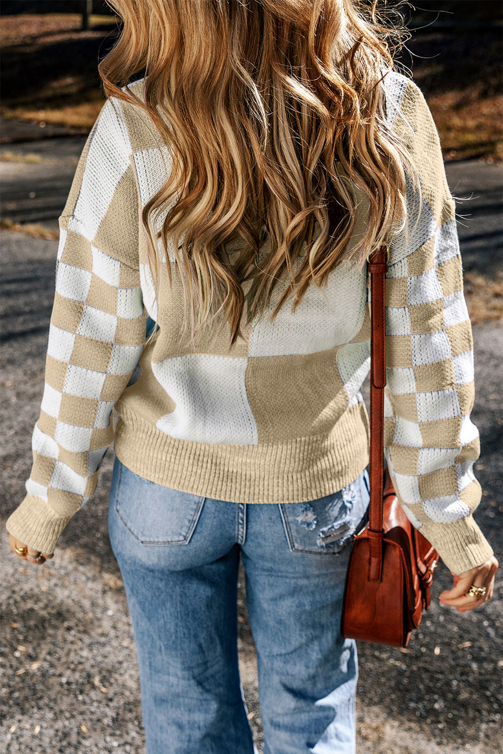 Checkered Round Neck Drop Shoulder Sweater - Charming Charlie