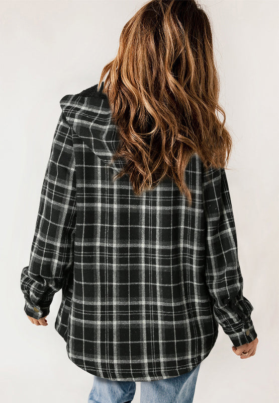 Plaid Button Up Long Sleeve Hooded Jacket - Charming Charlie