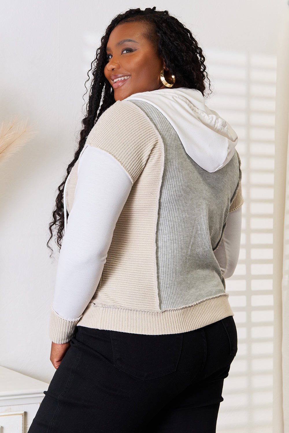 Double Take Color Block Exposed Seam Drawstring Hoodie - Charming Charlie