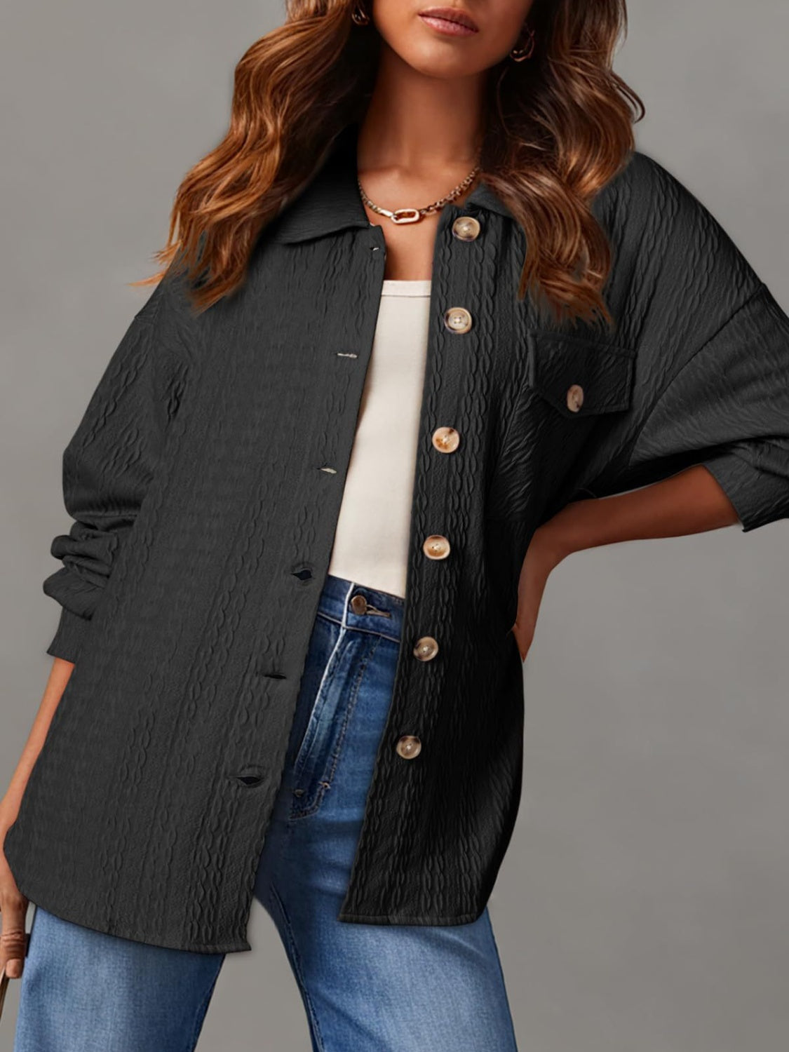 Textured Button Up Long Sleeve Shacket - Charming Charlie