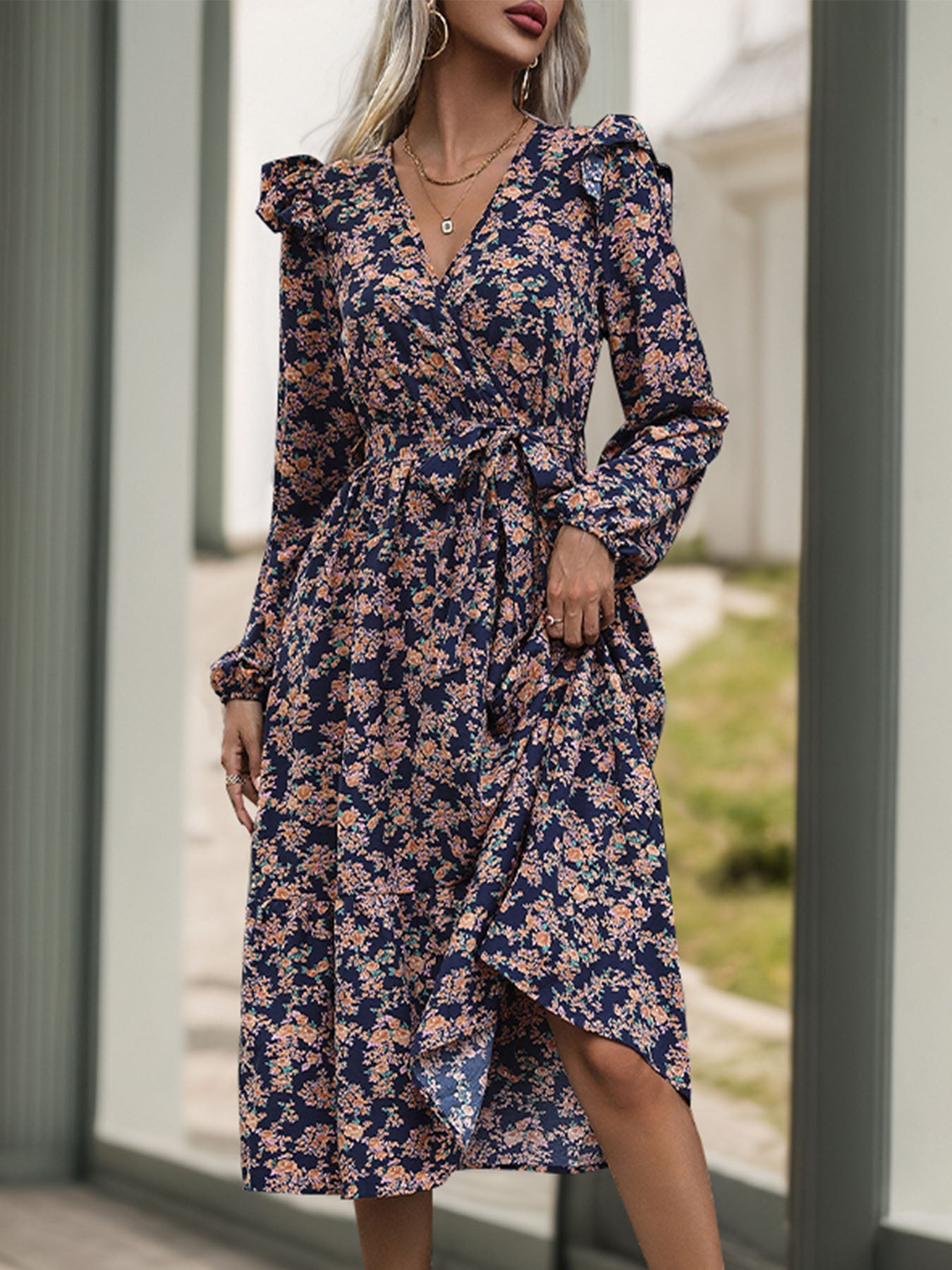 Printed Surplice Long Sleeve Midi Dress - Charming Charlie