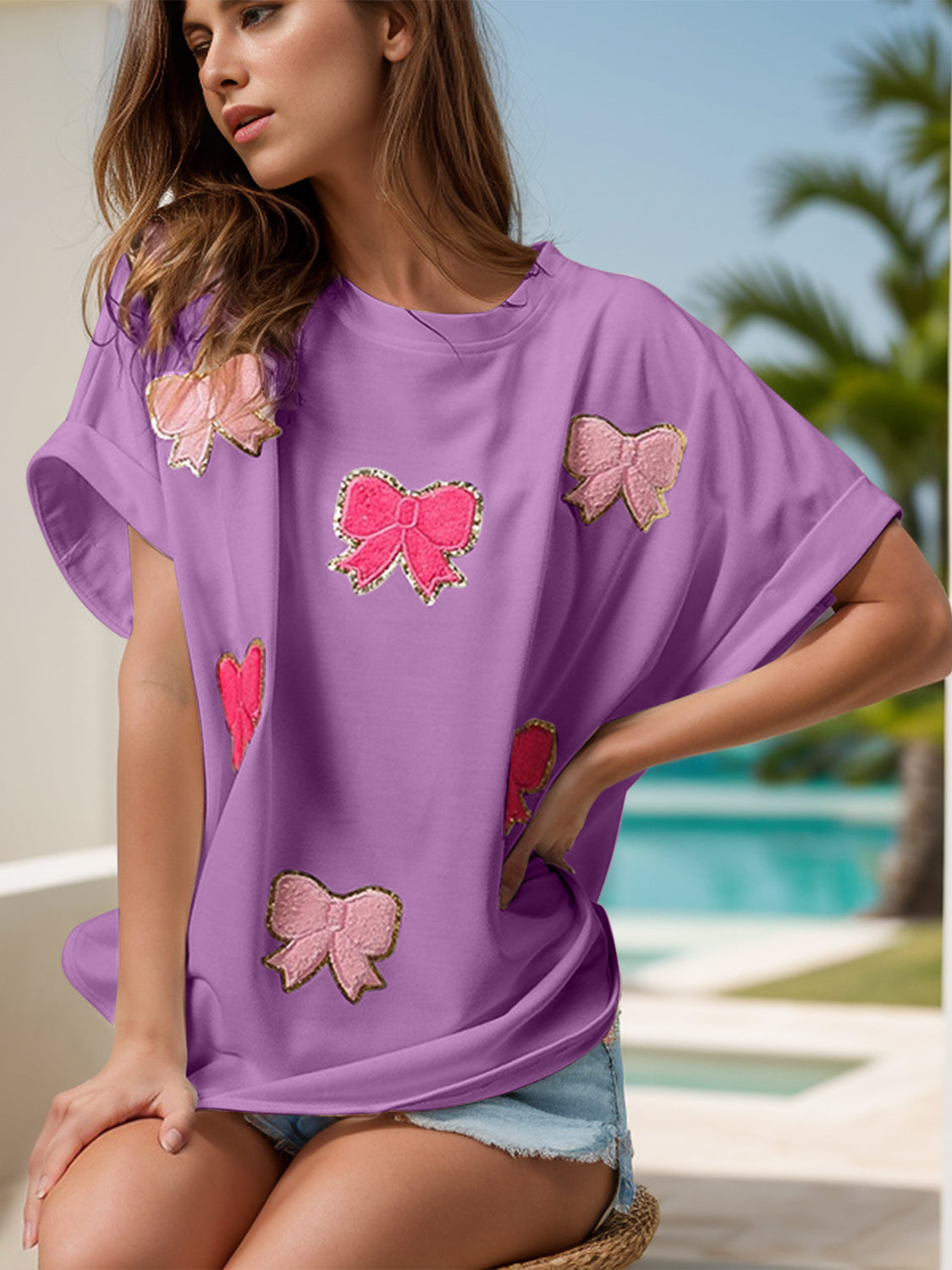 Bow Round Neck Short Sleeve T-Shirt - Charming Charlie