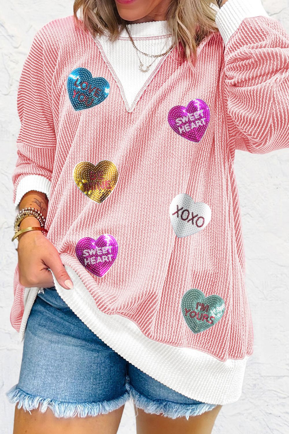 Valentine’s Day Sequin Heart Long Sleeve Sweatshirt - Charming Charlie